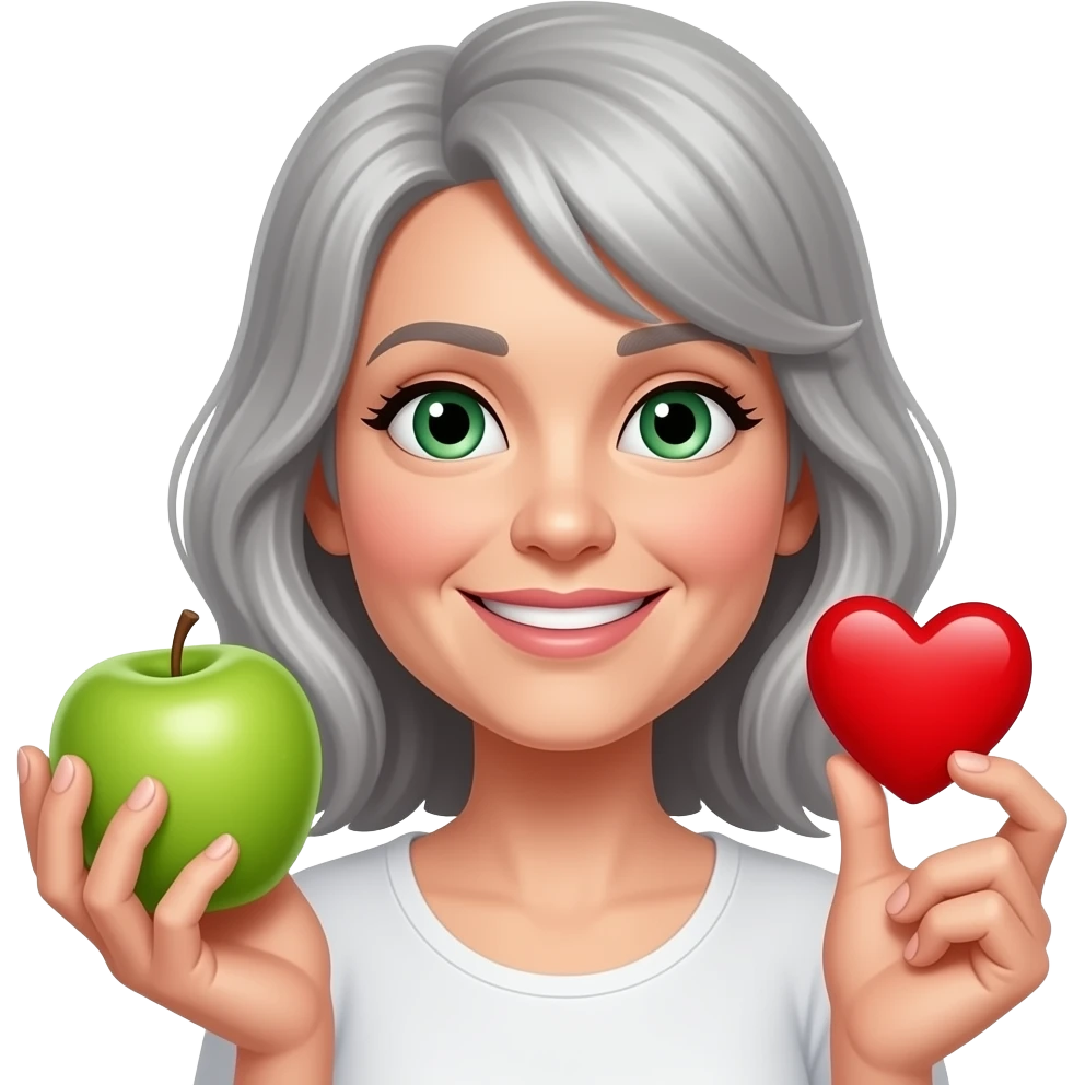Lady around 45  with Green eyes beautiful grey hair and with Green apple and  sending red heart emoji