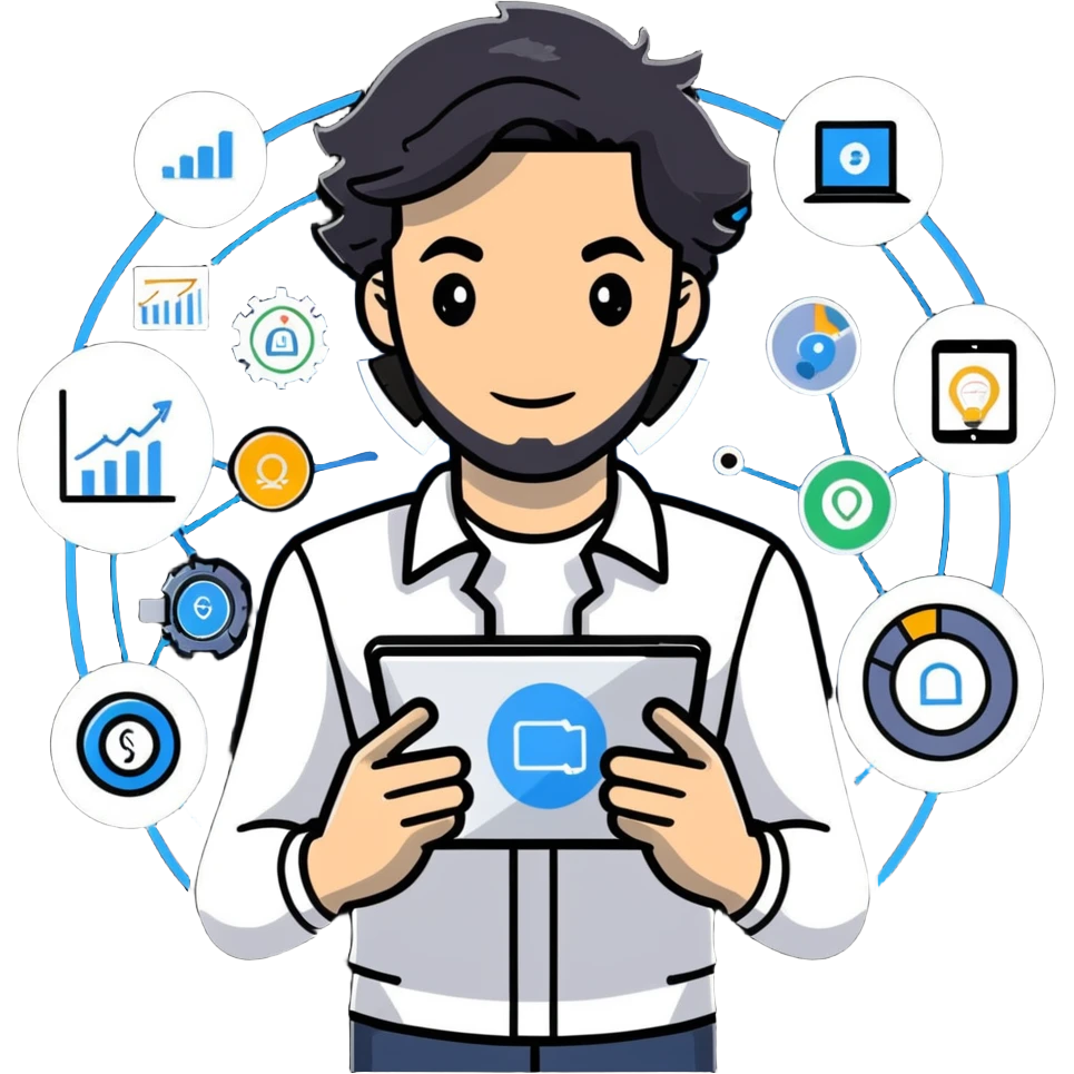 Management educator with black wavy hair, stubble, strong features, white skin, smart casual attire, using tablet with digital analytics dashboard, surrounded by technology icons, innovation-focused pose emoji