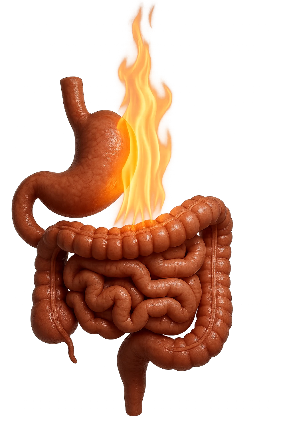 intestino e stomaco sono collegati, con una fiamma che brucia sopra, iperrealistico 4k, non disegnato emoji