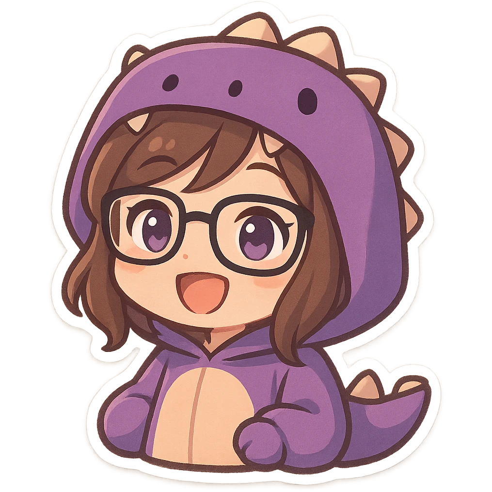 chibi anime style gamer girl with glasses, brown hair, dark purple eyes, wearing a purple dinosaur costume, happy, eyes open, no controller emoji