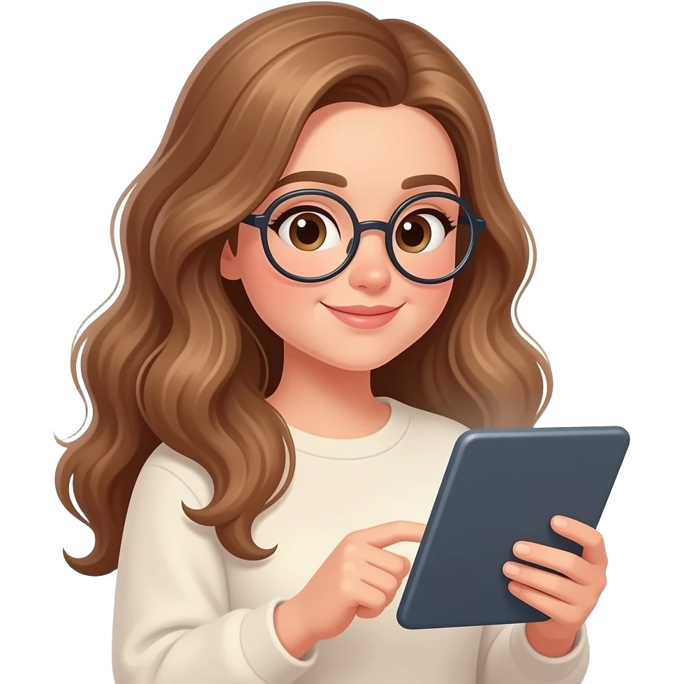 detailed emoji illustration of a curvy woman with long light brown wavy hair, light brown eyes and round glasses reading on an e-reader device, calm cozy atmosphere, cute emoji style emoji
