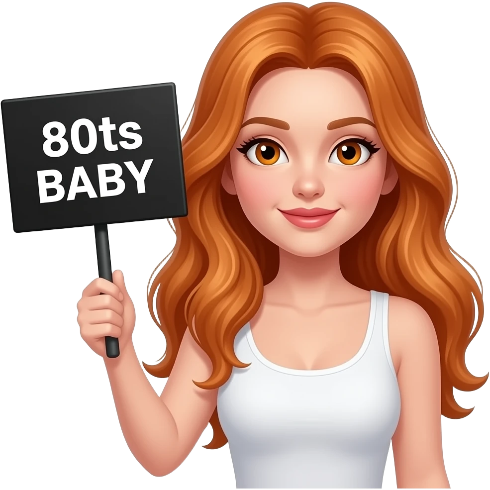 sexy girl with long ginger hair and ginger eyes wearing a white tanktop is holding a black sign with 80s BABY written on it emoji