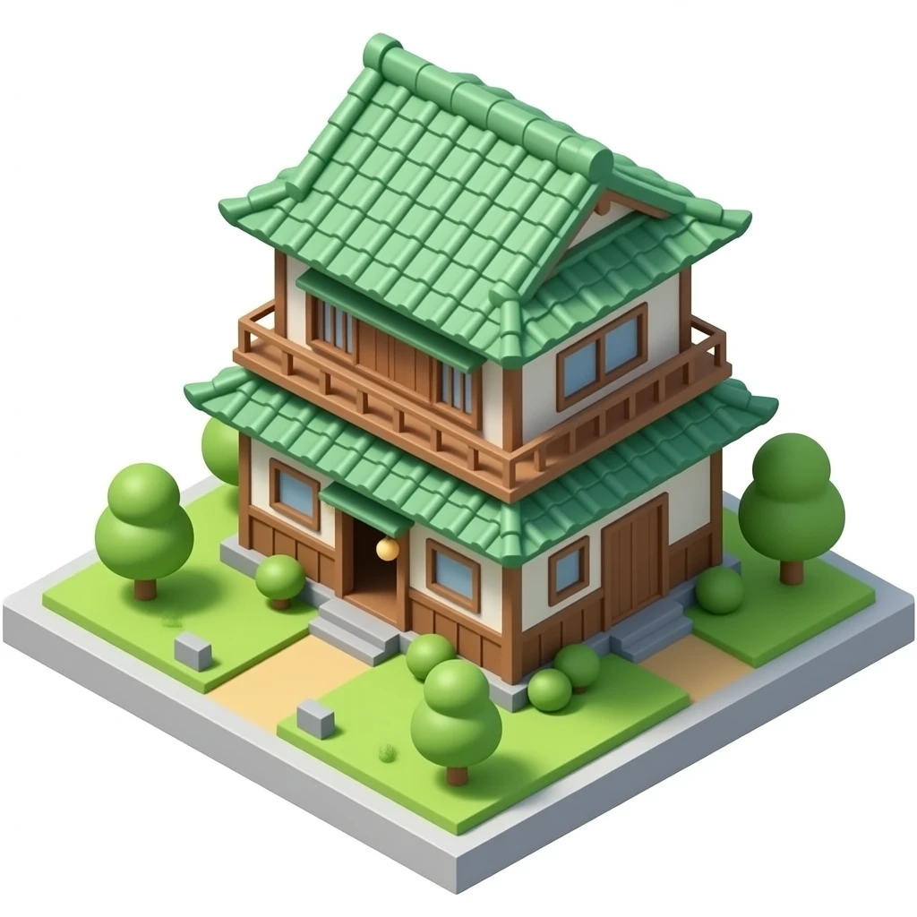 Japanese double floor house with green roof old style no background and no trees only house 3d png emoji