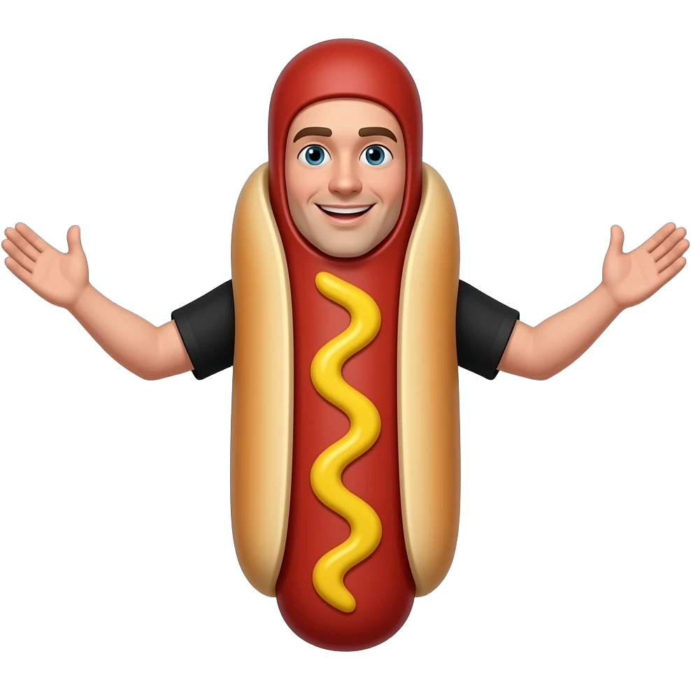 A man in a hot dog costume with his arms spread. The hot dog should have a single stripe of mustard. Only the man's face should be exposted. The hot dog should be red, like a red hot sausage. The man's sleeves should be black short sleeves emoji