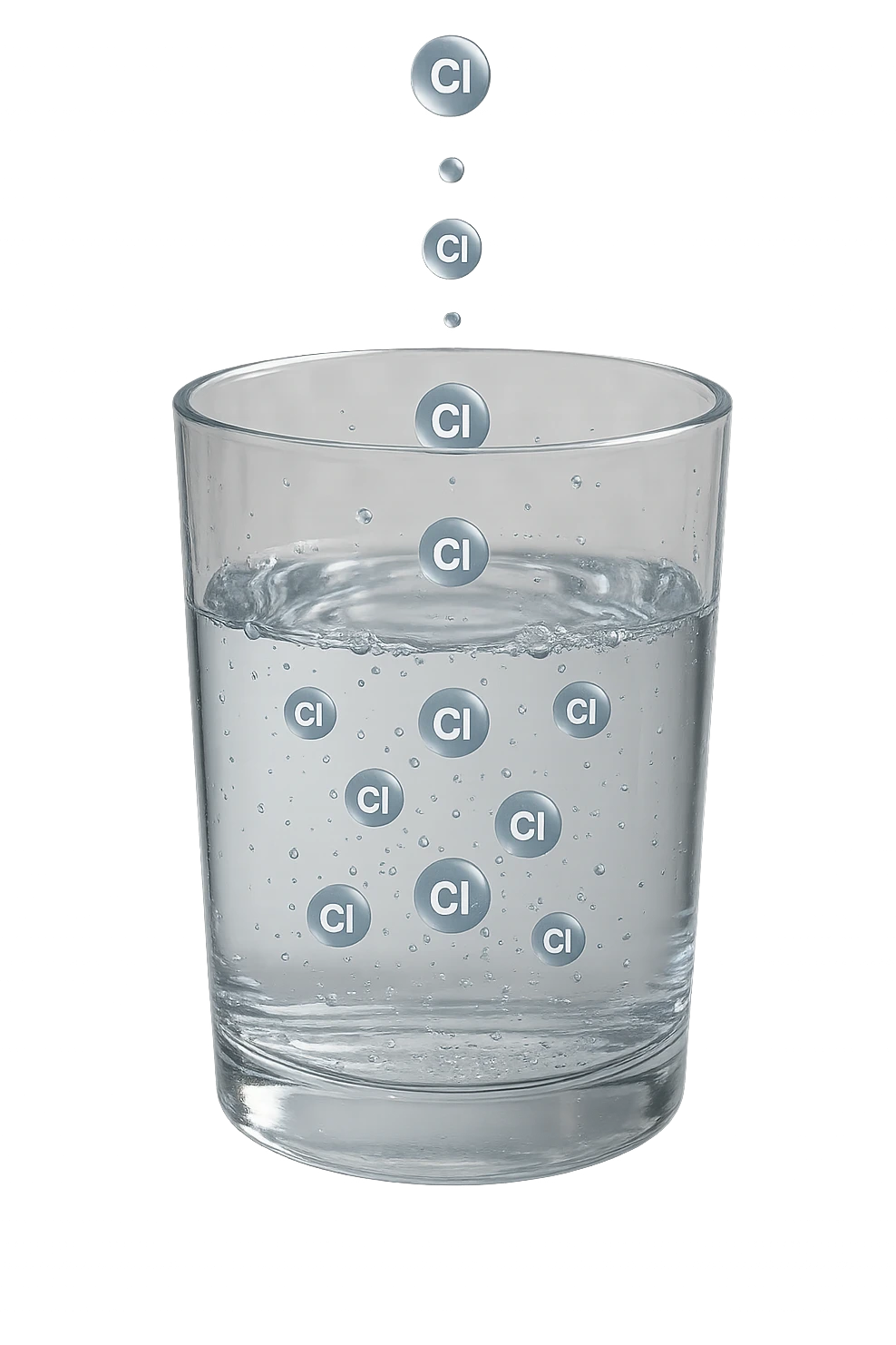 un bicchiere di acqua fluttua in aria realistico e dettagliato, dentro l'acqua del bicchiere ci sono particelle di cloro ben visibili con la scritta "Cl" sopra, ci sono particelle anche che escono dal bicchiere e fluttuano in aria verticalmente, mentre alcune sono all'interno dell'acqua nel bicchiere, iperrealistico 4k emoji