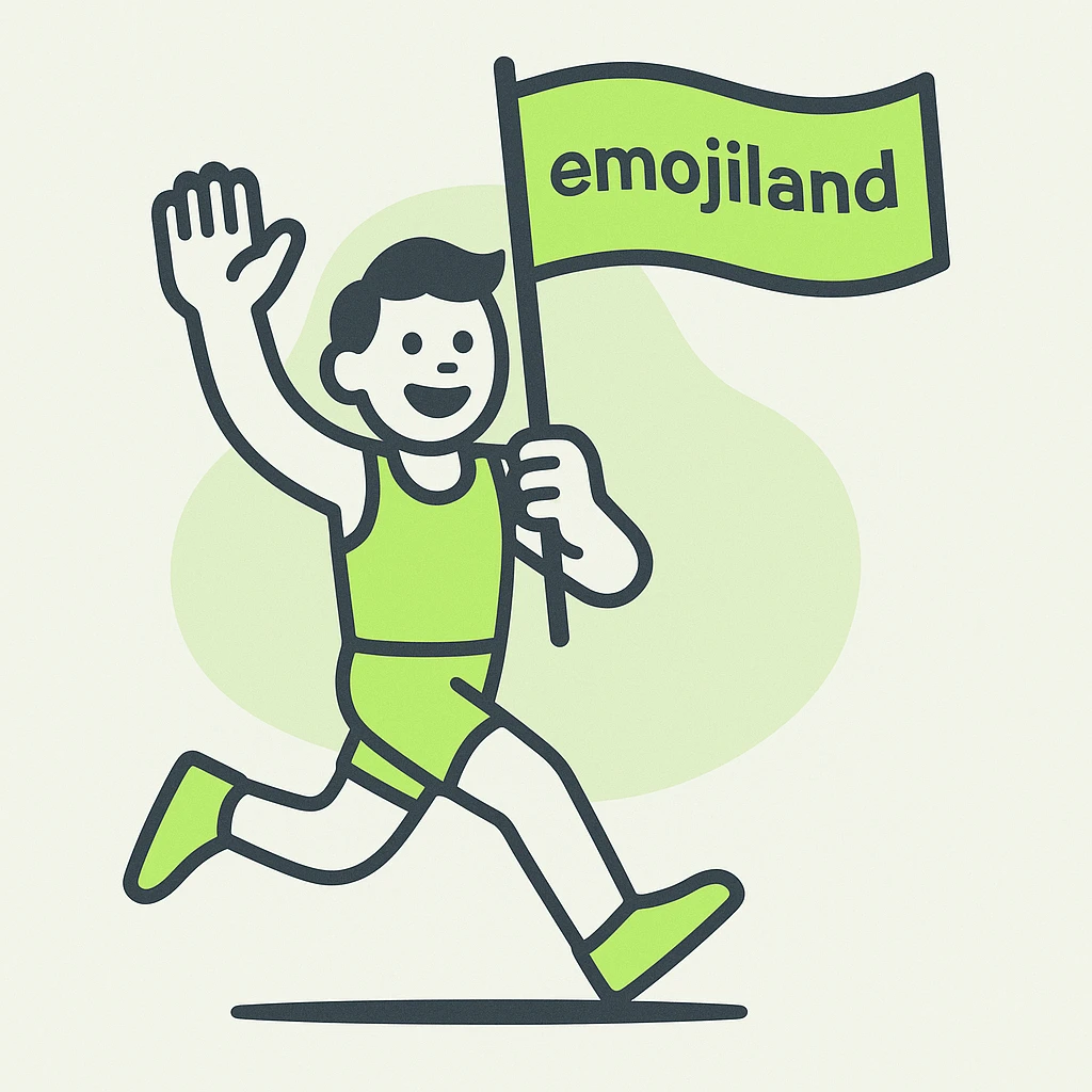 happy runner waving a flag that says 'emojiland' emoji