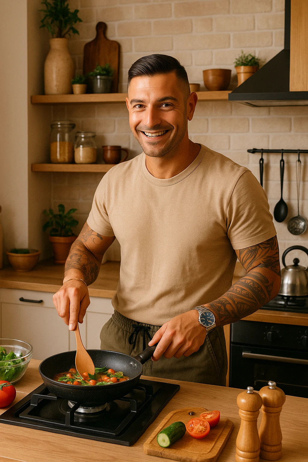 Uomo che sta cucinando a casa sua emoji