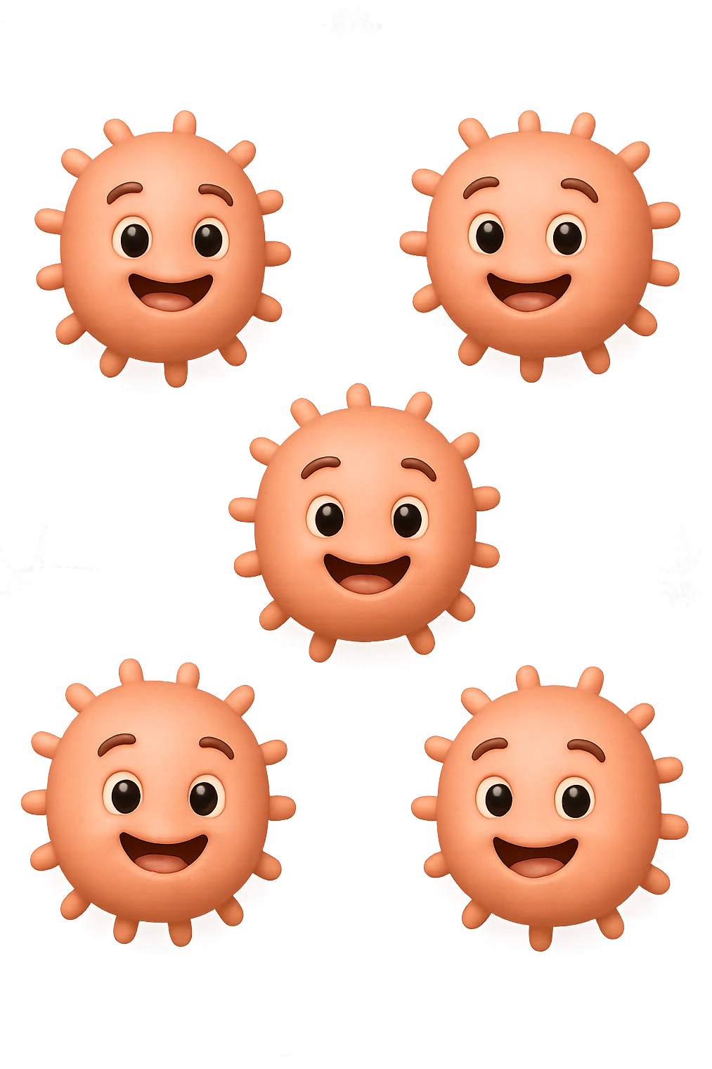 EMOJI STILE IPHONE DI 6 BATTERI INTESTINALI ROSA SALMONE FELICI CHE FLUTTUANO IN ARIA, IPERREALISTICO 4K emoji