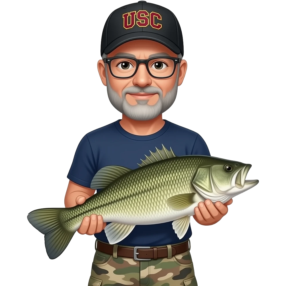 🔵+✅=an adult man with a gray beard with a navy blue sleeve T-shirt, and camouflage carpenter shorts and black baseball hat with USC in burgundy wearing glasses holding a bass fish emoji