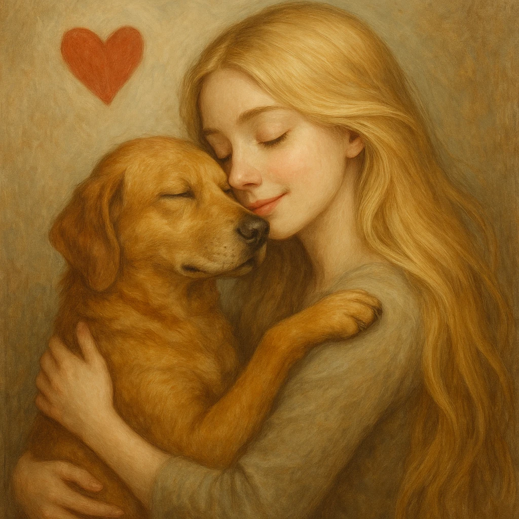 A pretty woman with pale skin and very long blonde hair embracing a dog, a heart floating around her. emoji