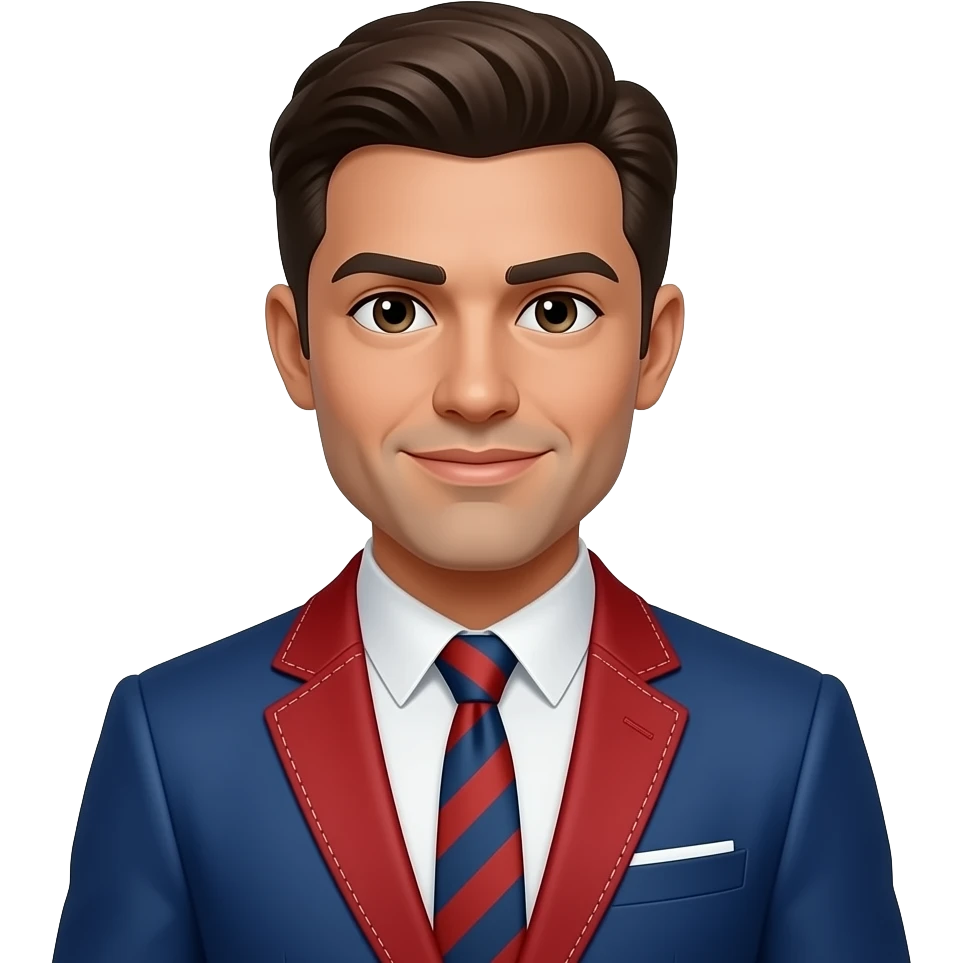 A guy in a blue and red suit which has a h steching emoji