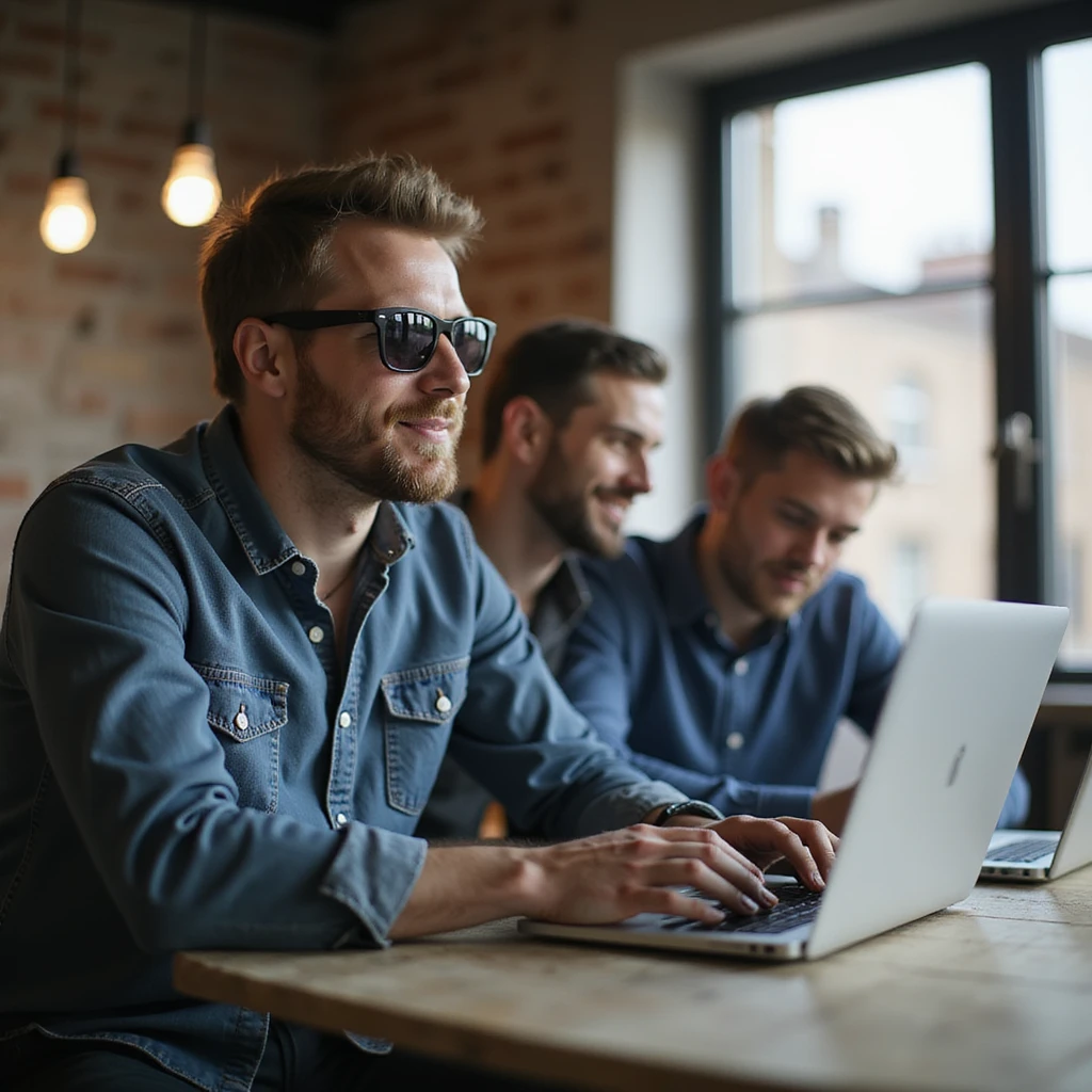 a guy wearing a cool sunglasses working on laptop, office , team emoji