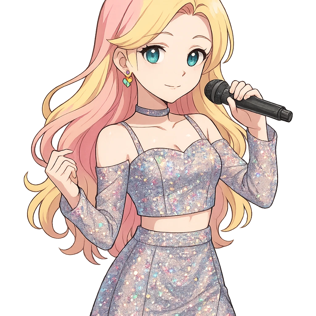 Fluttershy as a human K-pop idol in anime style, long wavy blonde hair, sparkly modern outfit, holding a microphone, transparent background emoji