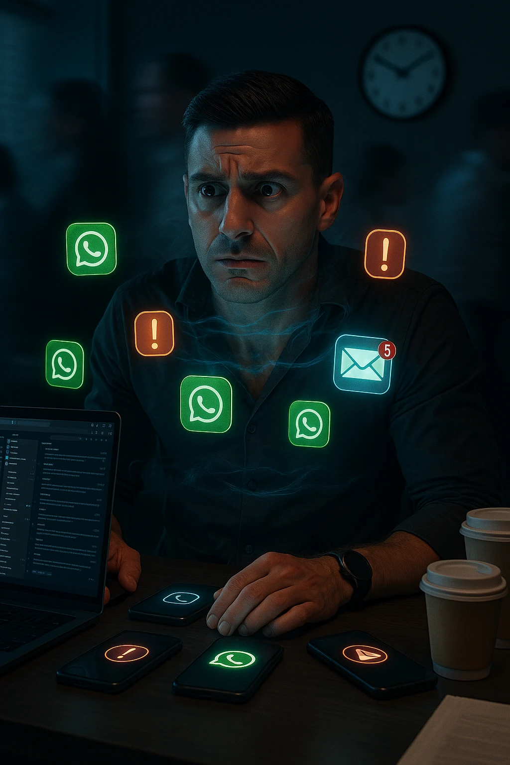 A highly realistic, cinematic portrait of a young man in his early 30s with a tired, tense expression, sitting at his modern office desk surrounded by multiple smartphones with glowing notification bubbles (WhatsApp, emails, alerts) hovering around him like aggressive neon icons. His posture is hunched, shoulders raised, eyes slightly wide, and jaw clenched, representing constant hyper-vigilance and stress. The environment is a cold, cluttered workspace with a laptop displaying endless emails and Slack notifications, coffee cups stacked nearby, and a clock showing late hours, symbolizing the relentless pace of modern work life. Behind him, ghostly blurred figures rush by in a fast-motion effect, representing the constant rush and societal pressure. A faint, tight grey aura wraps around his chest and head, symbolizing blocked breathing and mental tension, while faint blue light tries to push through, representing the body’s desire to find calm. The lighting is harsh and cool, with a 35mm hyperrealistic film style, shallow depth of field focusing on the man’s stressed face and the floating notifications, illustrating the modern trap of always being on alert. emoji