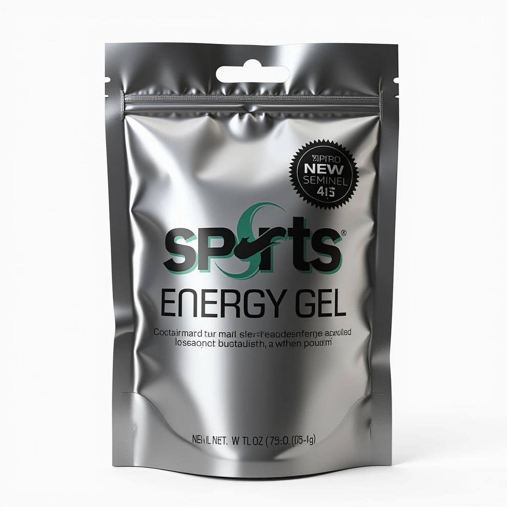 sports energy gel, realistic style, detailed, metallic pouch, sporty emoji