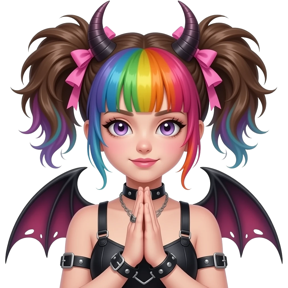 Baphomet babe with messy, washed-out rainbow dyed hair and overgrown brunette roots, styled into two matted, spiky, y2k/alt-fashion buns, styled with frilly girly pink hair bows and bondage restraints while saying a prayer to her dear lord and daddy Lucifer down below emoji
