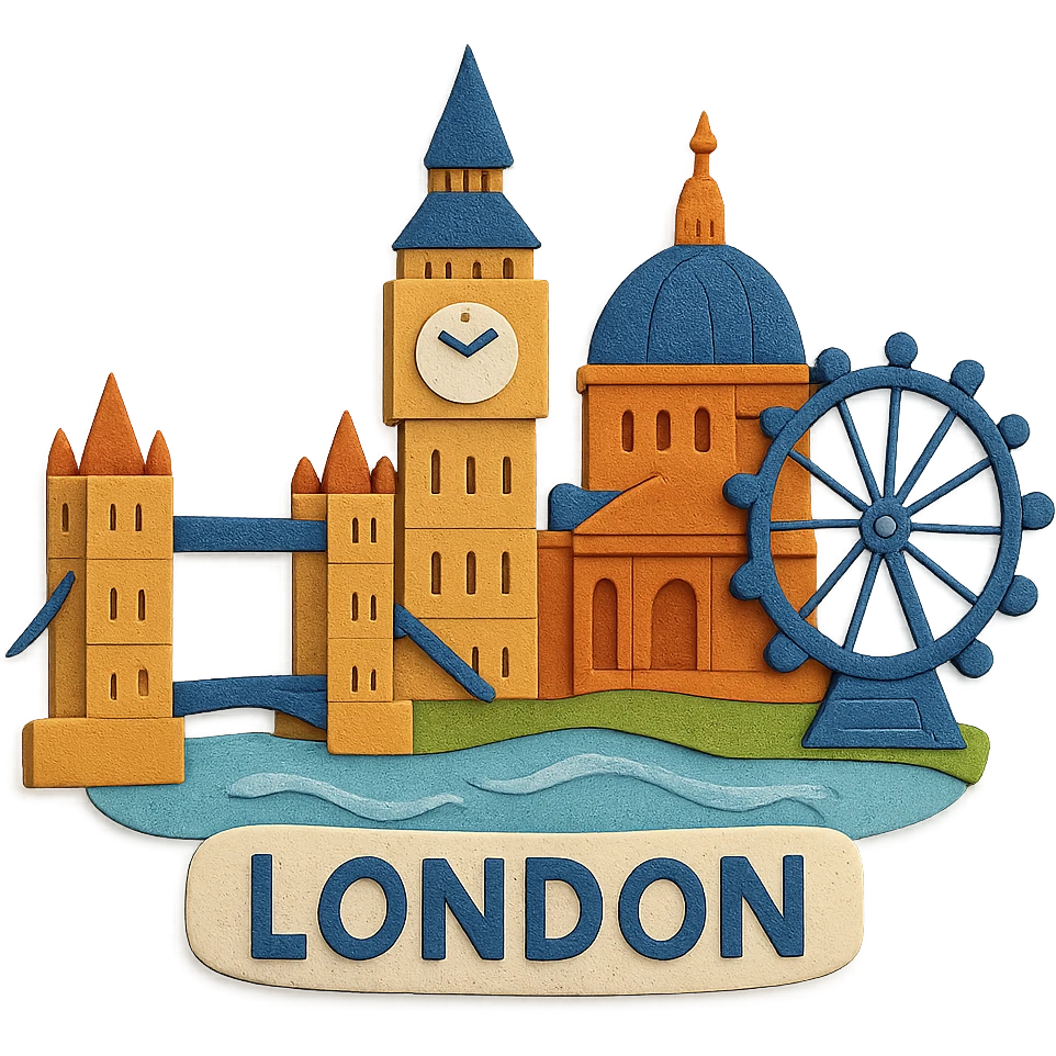 London with layered cut-out buildings and Thames river in paper craft style emoji