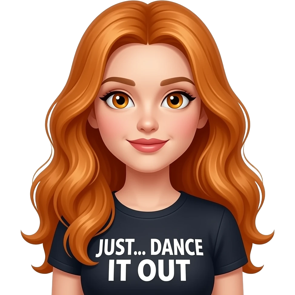 sexy girl with overlong ginger hair and ginger eyes a top with JUST... DANCE IT OUT written on it emoji