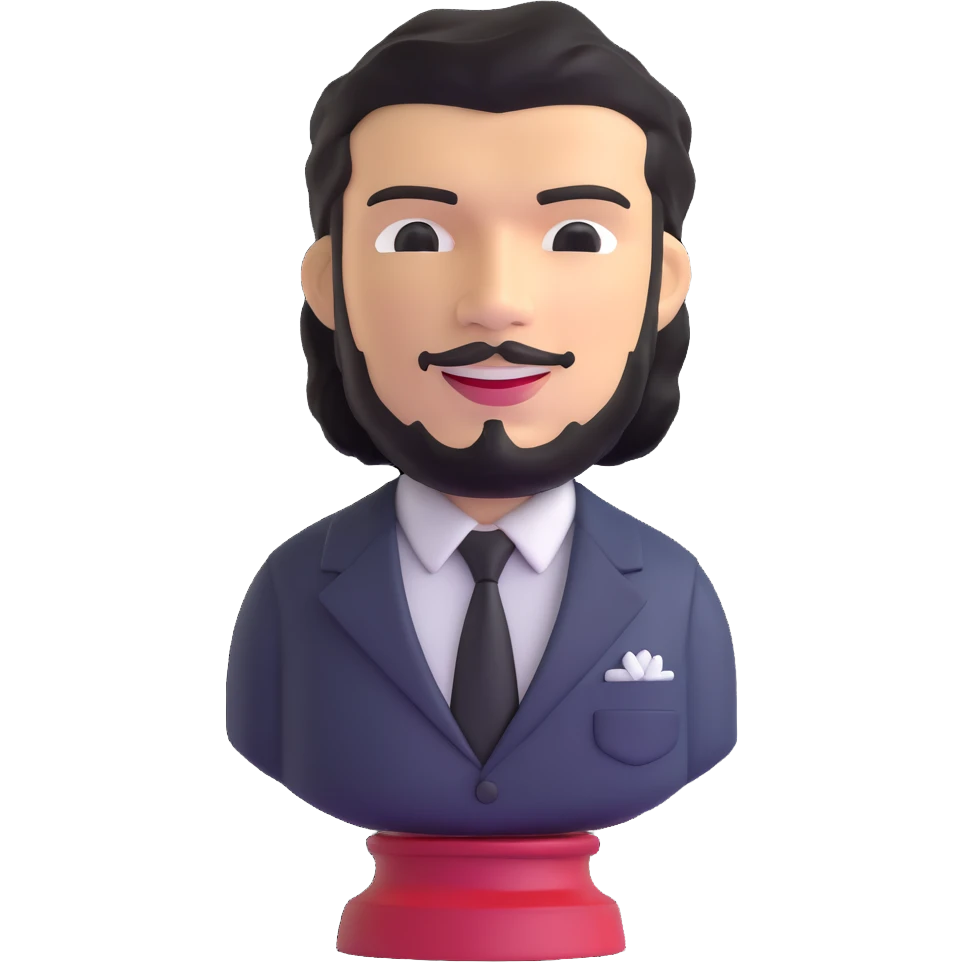 statuette of Che Guevara in a suit and tie, big head, confident smile emoji