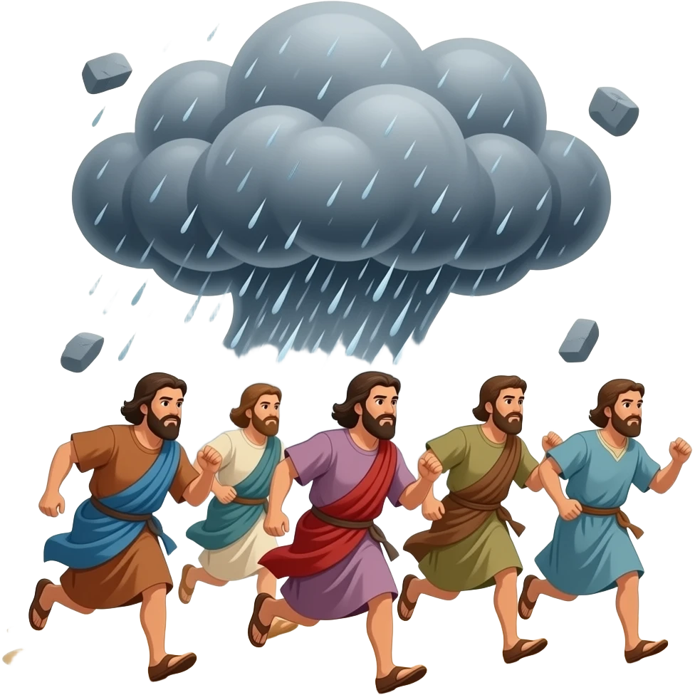 People from Bible times running for shelter due to the massive hailstorm that is destroying the town emoji