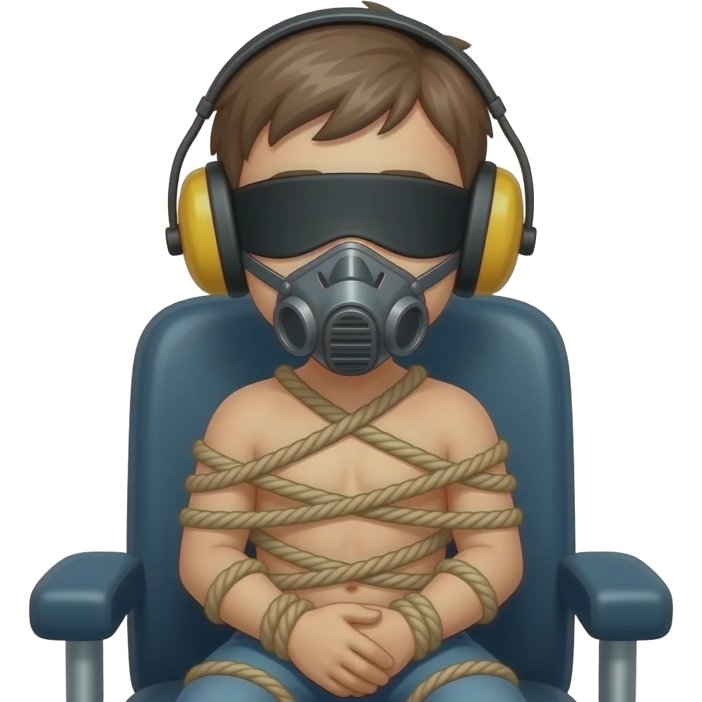 Naked boy tiedup blindfold chair tied muzzle earmuffs emoji