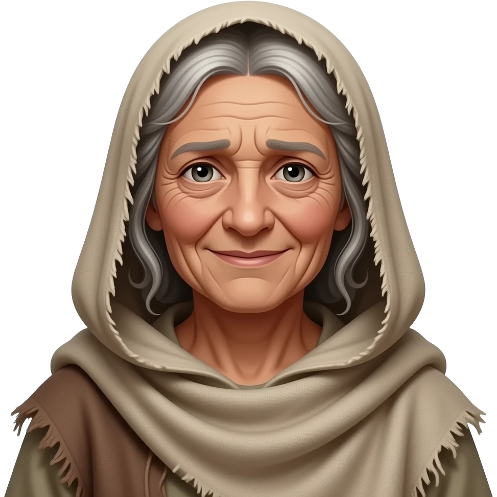 A poor old woman with a weary smile, wearing old tattered draped clothing from biblical times emoji