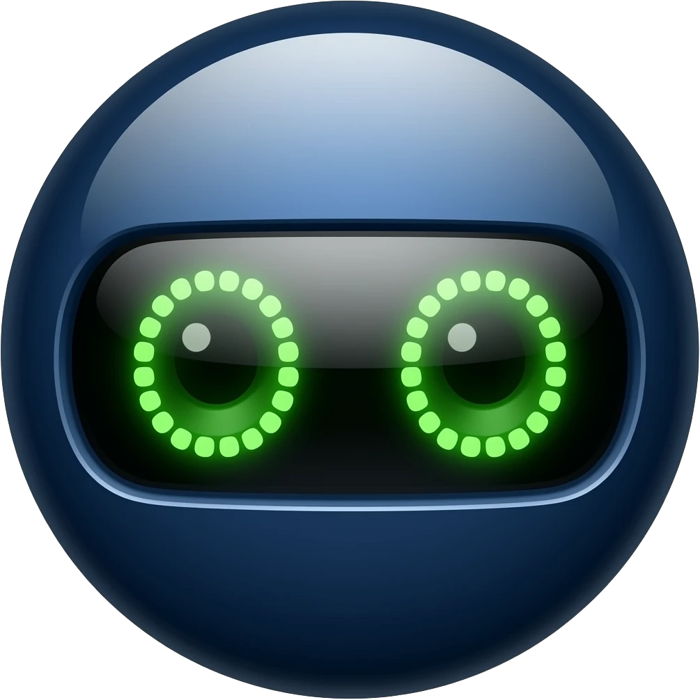 Dark blue ball with display showing green eyes emoji
