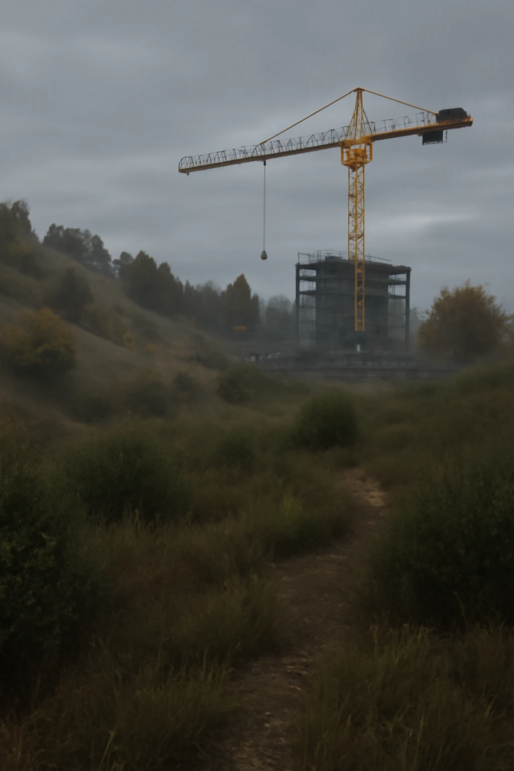  a scene amongst hills and bushes in the game DAYZ with a construction site and tall yellow crane in the background, screenshot, overcast day emoji