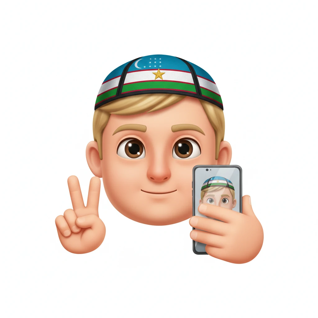 нарисуй эмоджи мужчины блондина  фотографирующего себя на телефон, эмоджи сделай более реалистичной, на голове должна быть узбекская тюбетейка в цветах узбекского флага, обрати внимание на глаза и количество пальцев у человека, без фона emoji