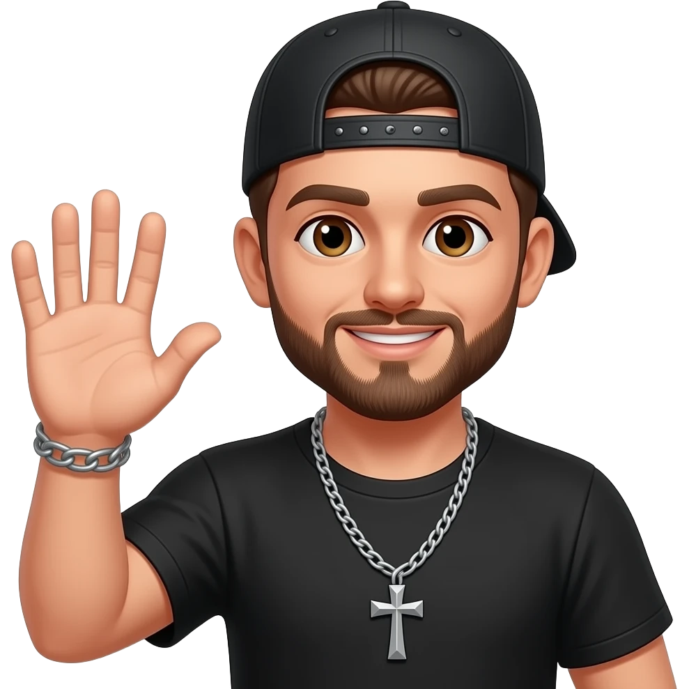 Brown eyes, rock cap metal clips on the cap, rock cross on the cap , black teeshirt, saying hi, no ratio, no chain, short hair , browning beard, cap clips on the cap peak emoji