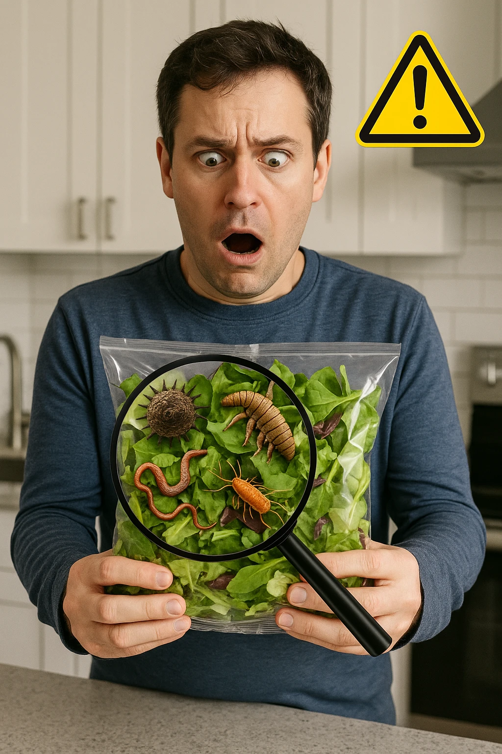 a man holds a bag of salad with both hands, his face frozen in shock as he looks at the contents. Inside the bag, exaggerated but realistic depictions of parasites and bacteria are visible, some highlighted with a magnifying glass overlay. The background is a clean kitchen, and a warning sign appears in the corner to reinforce the message about food safety. emoji