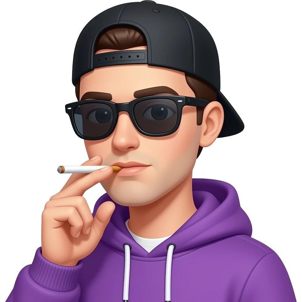 tall skinny guy with black basecap, purple hoodie, sunglasses smoking joint emoji