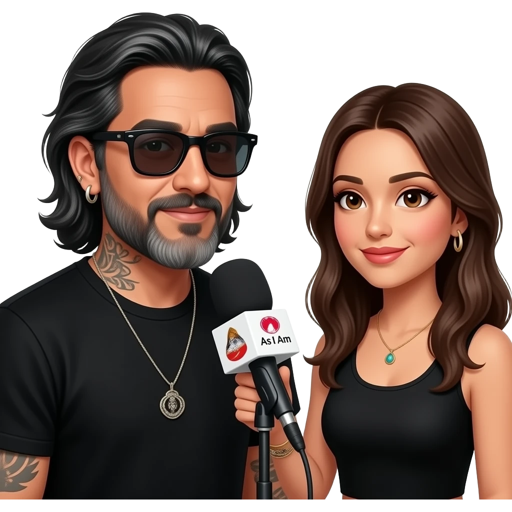 A podcast host, a handsome Latino man with medium length hair, a graying long beard, tattoos, hoops in his nose and ear,  and jewelry, all in black with sunglasses, interviews a woman in front of a microphone with a logo reading "As I Am." emoji