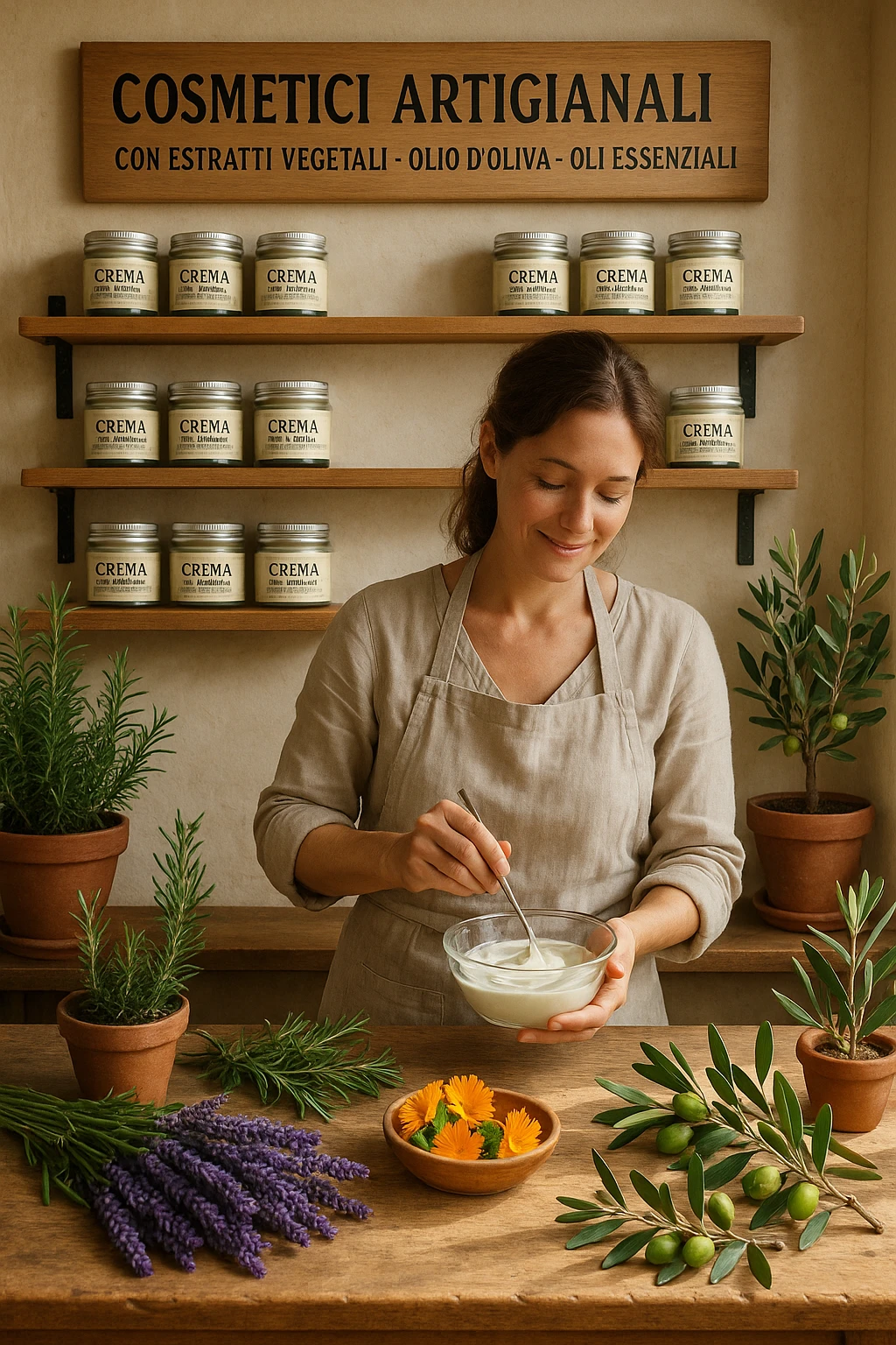 A realistic, high-quality photo of a small artisan skincare laboratory in Italy, with wooden shelves displaying beautifully packaged glass jars of natural creams made with herbal and botanical extracts, olive oil, and essential oils, clearly labeled ‘100% Natural’ and ‘Artisan Made in Italy’. The scene includes a bright, sunlit rustic workspace with plants, fresh lavender, rosemary, calendula flowers, and olive branches on the wooden counter, symbolizing purity and nature. A female artisan in a linen apron is carefully mixing creams in a glass bowl, smiling softly. The environment feels warm, authentic, and eco-friendly, emphasizing the concept of handcrafted skincare without synthetic chemicals in italiano emoji