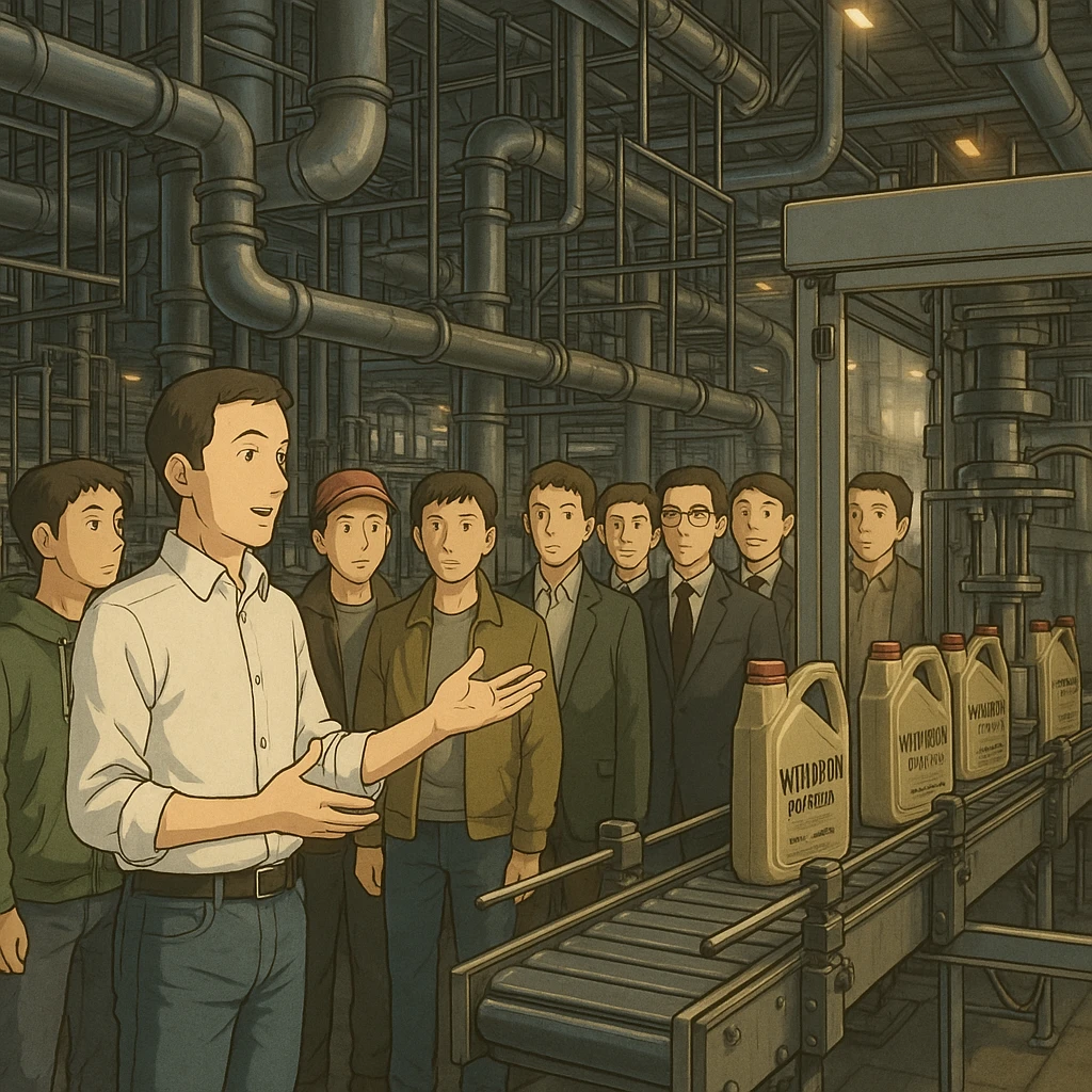 “Create a realistic industrial scene inside a modern motor-oil factory. The image must be in Instagram post size: 1080×1080 pixels, 1:1 ratio.

In the foreground, the factory director is introducing the facility. He is slightly slim, short hair, wearing a clean white men’s shirt and blue jeans, elegant appearance, using hand gestures while explaining.

In front of him, 10–12 male visitors listen attentively; they wear mixed clothing: some streetwear, some casual, some classic suits.

Background shows real production equipment, pipelines, steel structures, and conveyor lines used in motor-oil manufacturing. Use ONLY original Winiron canister design, no other brands. No label changes.

Cinematic lighting, premium look, realistic industrial atmosphere, sharp details, high-quality composition.” emoji