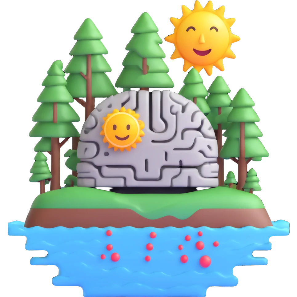 emoji combining natural resources like trees water sun and artificial intelligence robot circuit brain in a harmonious design emoji