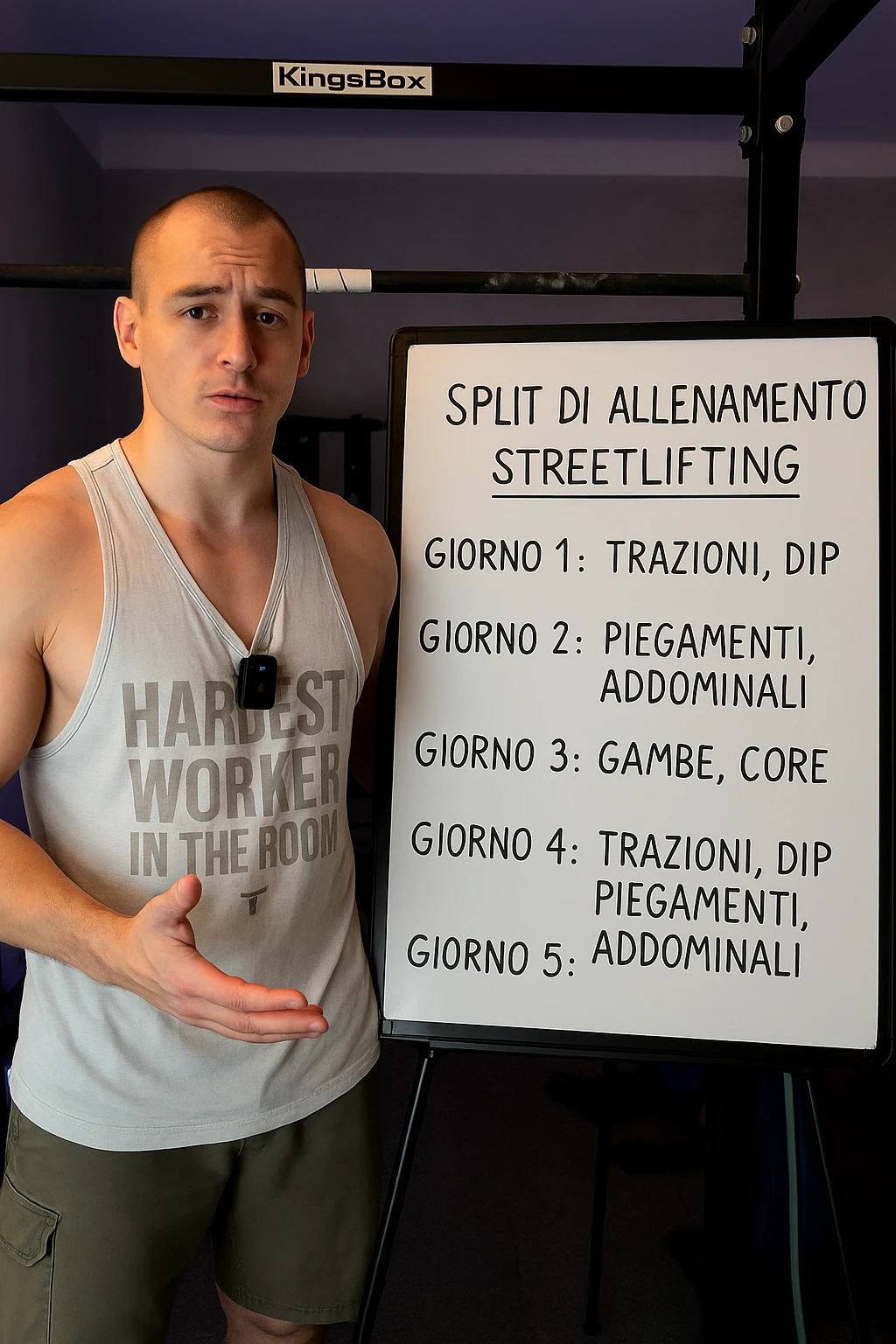 uomo che spiega alla lavagna la "Split di Allenamento" per lo streetlifting. tutto in italiano emoji