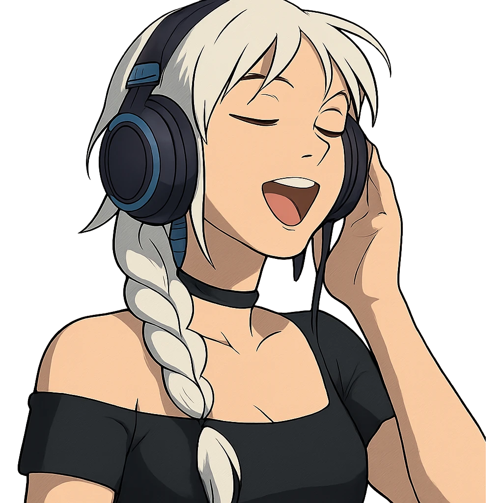 she is listening to music in headphones and JAMMIN!, a closeup portrait of young woman with gold yellow eyes, white hair, long braid, black off-shoulder top d-cup, punk gothic style, futuristic cyberwave cyberpunk,  eyes closed, singing, one hand on the headset emoji