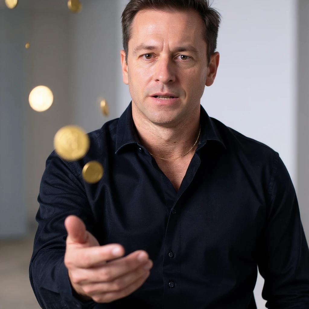 Add the effect of gold coins being thrown by the man with his hand, symbolizing valuable good advice. Maintain the realistic and cinematic style, aspect ratio 2:3. emoji