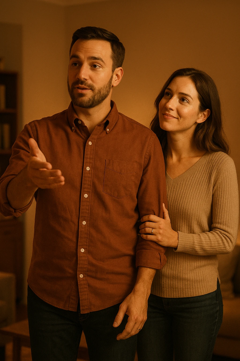 a woman stands slightly behind a man in a domestic setting, looking at him con fiducia e attesa. Il man is upright, with a confident and decisive posture, gently gesturing as if giving direction. The woman’s body language is relaxed and receptive, showing that she trusts and follows his lead. The background is warm and softly lit, emphasizing the couple’s dynamic. emoji