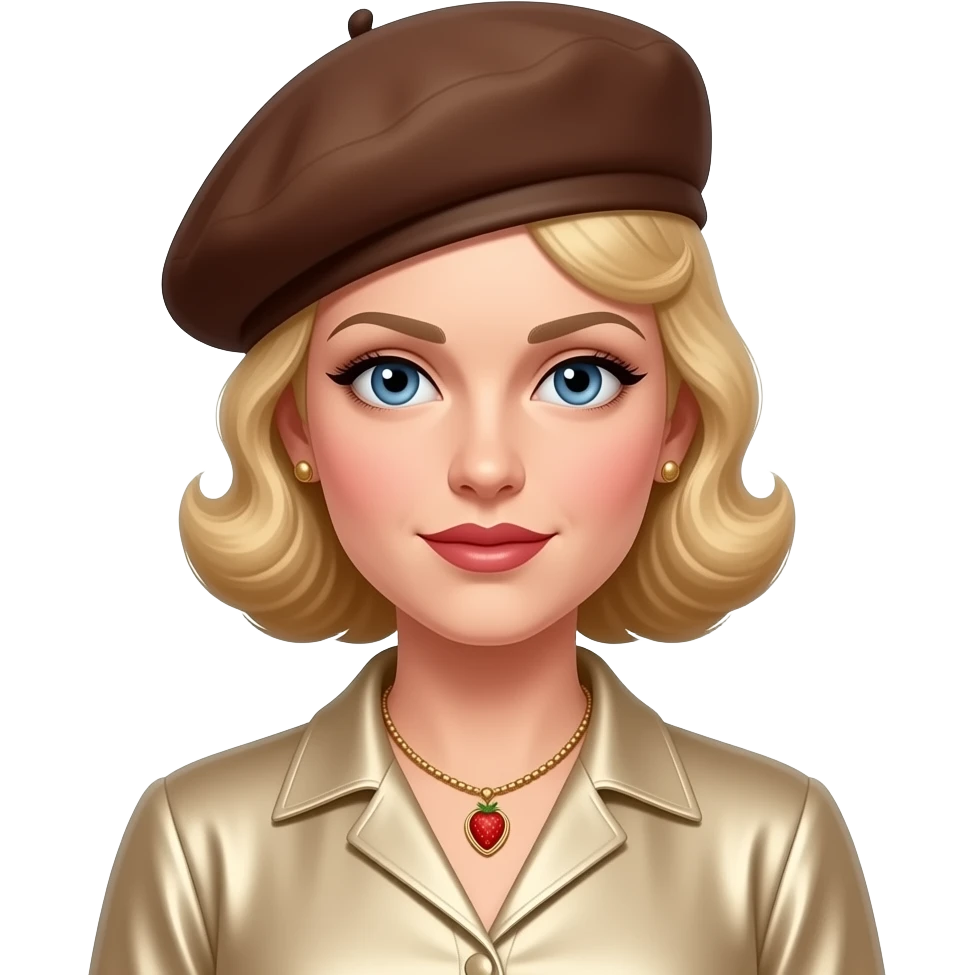 Bonnie Parker from Bonnie & Clyde with blue eyes, strawberry blonde 1930s hair, beige metallic blouse, brown beret, necklace and earrings emoji