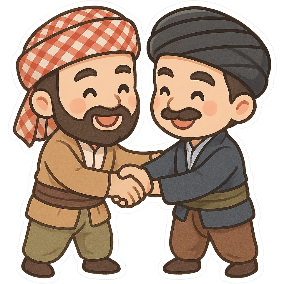 cartoon two Kurdish men in traditional Kurdish clothing friendly greeting with hug or handshake, colorful and cheerful, no text, sticker style suitable for WhatsApp and Instagram emoji