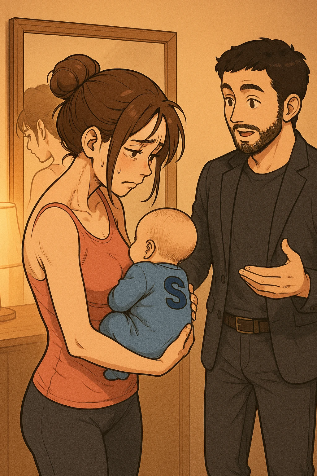 ispirati a questo stile di disegno e fai questa immagine in versione manga/webtoon a colori, il manga mostra la donna che si guarda alla specchio preoccupata di profilo con la postura sbagliata e incurvata, spalle chiuse e curve in avanti, con un neonato in braccio con una tutina azzurra e la scritta "S" blu sulla schiena, spina dorsale storta della donna in evidenza mentre al suo fianco anche l'uomo guarda la donna riflessa nello specchio e le spiega una cosa, ma non fare i fumetti, fai come se stessero parlando emoji