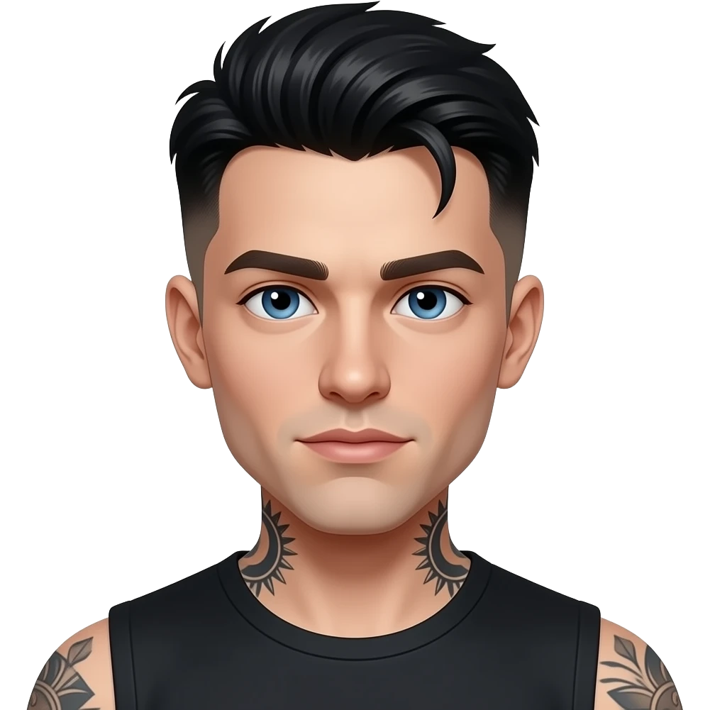 regard noir gars cheveux noirs low taper fade look dark beau et yeux bleus peau laiteuse pâle et tatoué 25 ans emoji