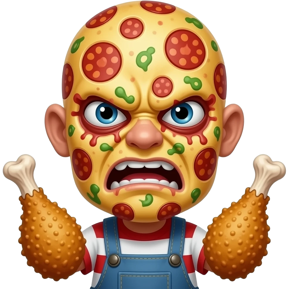 a scwub stubby named freddy fried freaker. he looks like a deranged freddy and his arms are fried chicken. he is almost bald and his eyes have pure anger and agony in one package. make him VERY FREDDY, he's not bald yet.. but now he is, look out, he's pizza stairs are giving him pizza skin why? emoji
