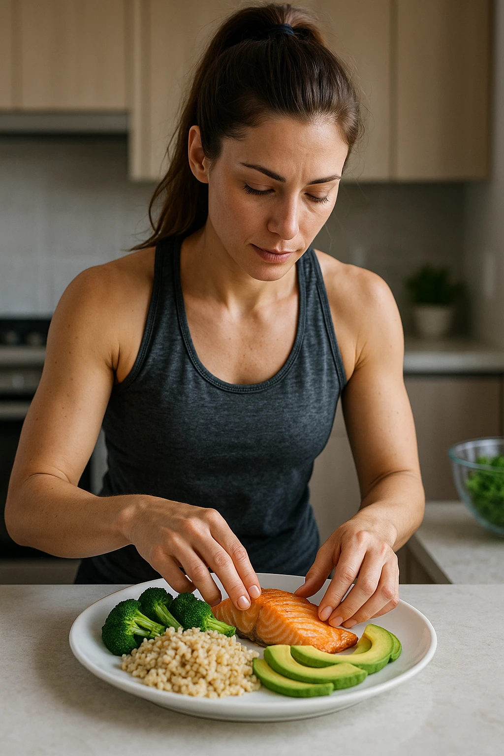 Donna che prepara un pasto equilibrato fit, con carboidrati, proteine e grassi dentro il piatto. Perfettamente equilibrato. Molto realistica emoji