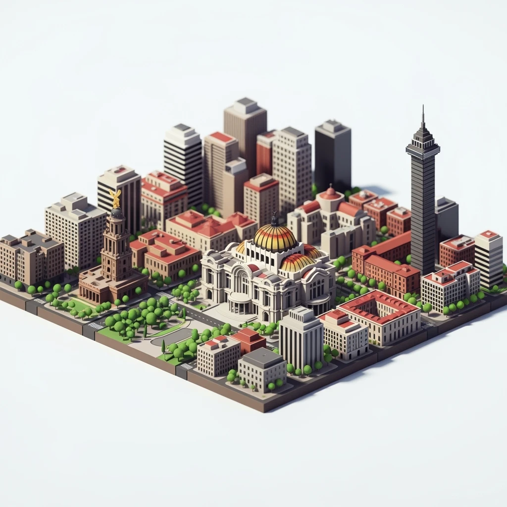 Isometric minimalistic illustration of Mexico-city subtle 3D miniature effect and Tilt Shift effect, no cartoonish look, transparent background. emoji