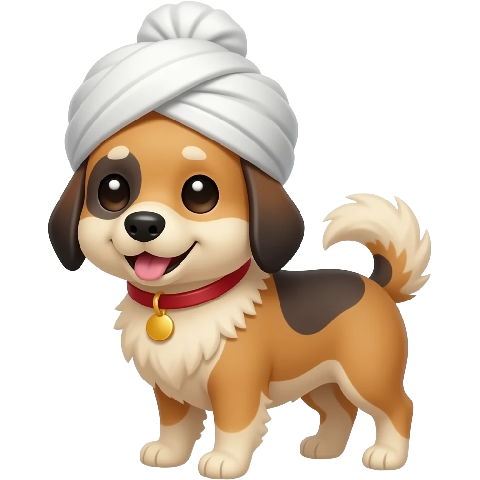 A stefie dog wearing a turban smiling sheepishly emoji