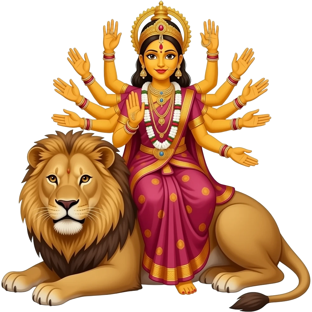 A bengali yellow skinned bride with exactly ten empty hands sitting on a lion emoji