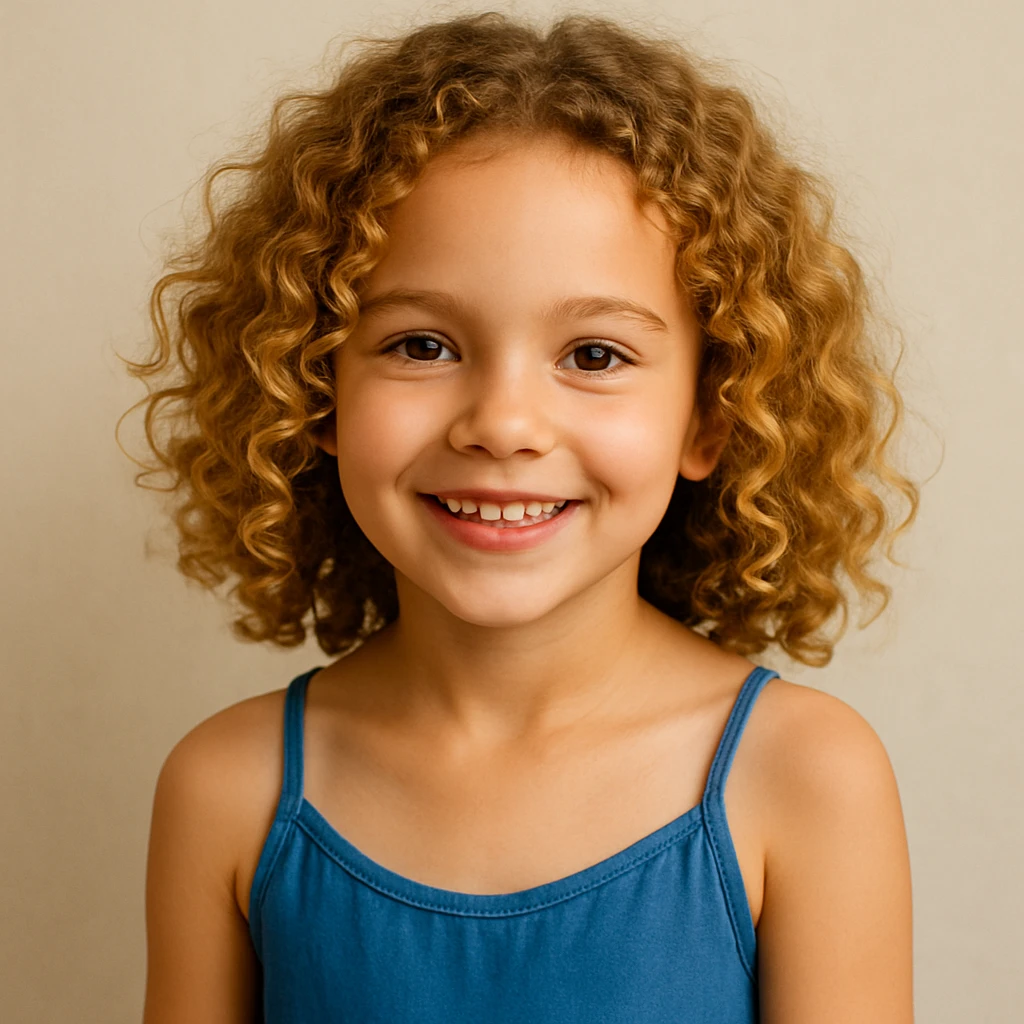 A girl with curly golden hair, brown eyes, blue camisole dress, smiling, simple background emoji